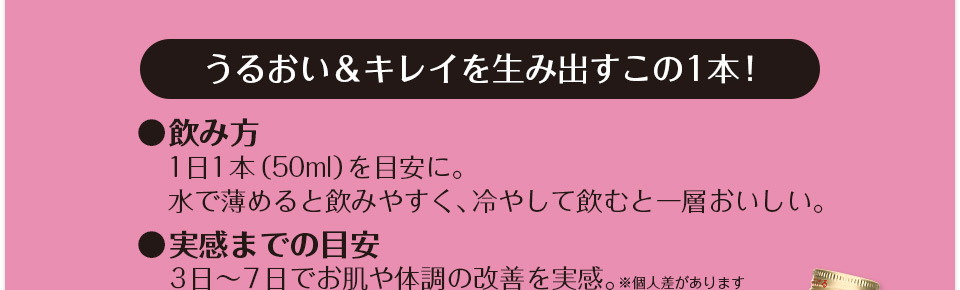 うるおい＆キレイを生み出すこの1本! ●飲み方 1日1本(50ml)を目安に。水で薄めると飲みやすく、冷やして飲むと一層おいしい。●実感までの目安 3日～7日でお肌や体調の改善を実感。※個人差があります